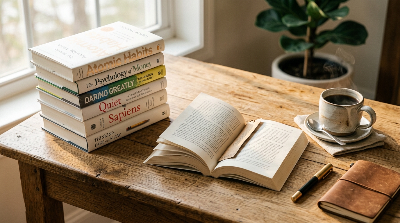 Stack of non-fiction books and a journal on a desk for 75 Hard reading task