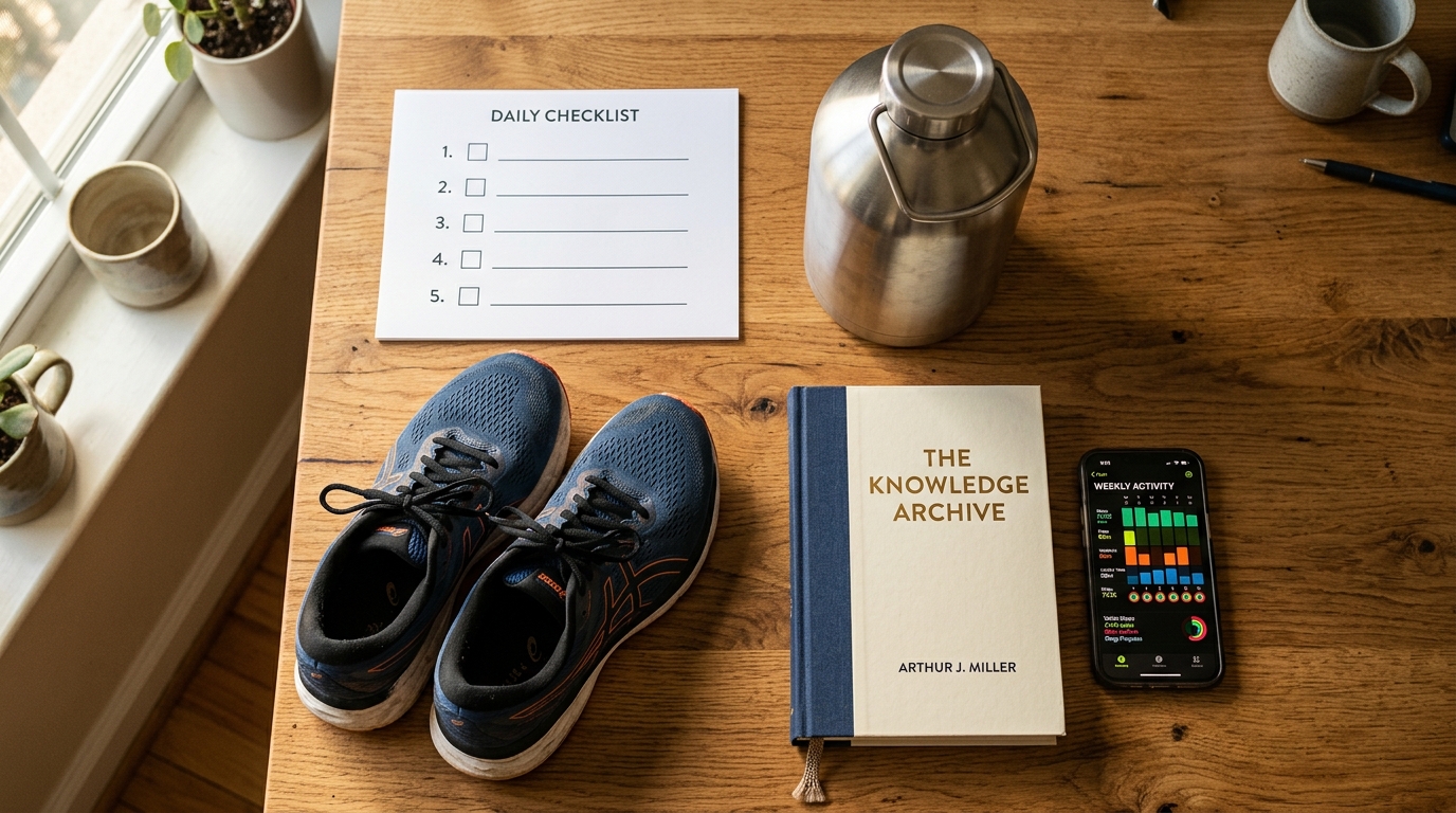 A person's daily checklist and gym bag laid out for a 75 Hard challenge day