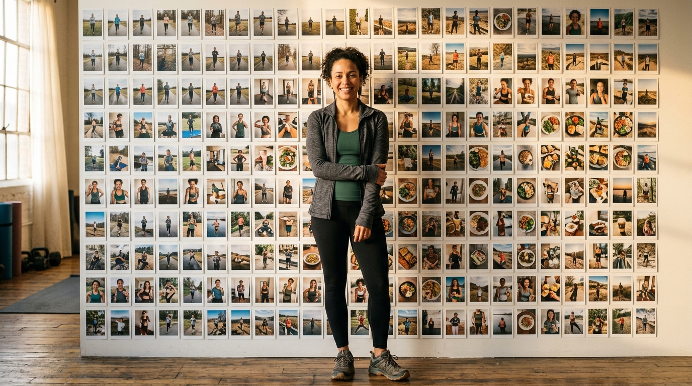 Person looking at a wall of daily progress photos after finishing 75 Hard
