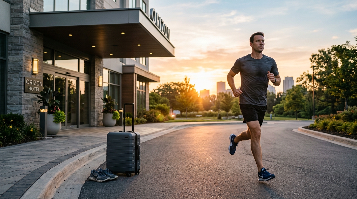 Traveler doing an outdoor workout near a hotel at sunrise during a trip