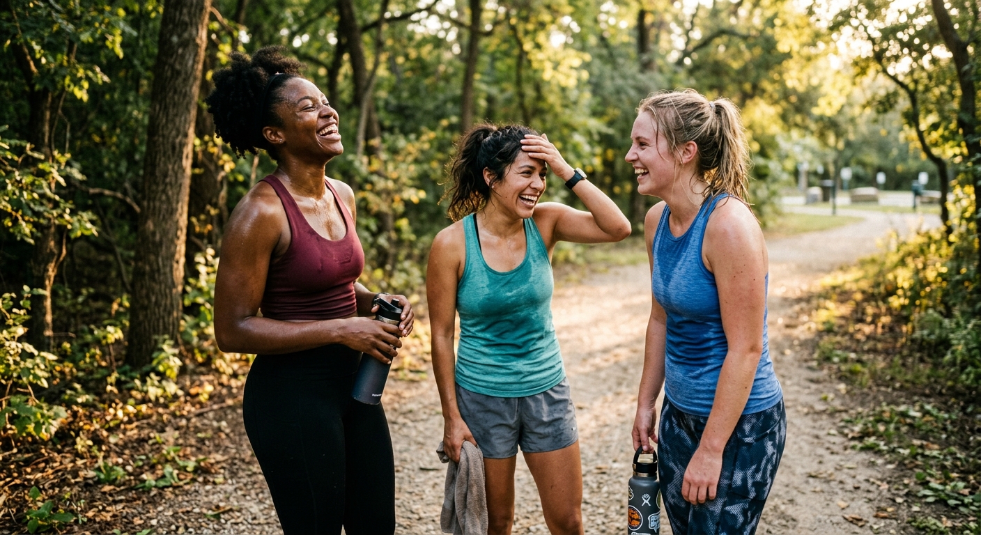 Three friends laughing after an outdoor workout