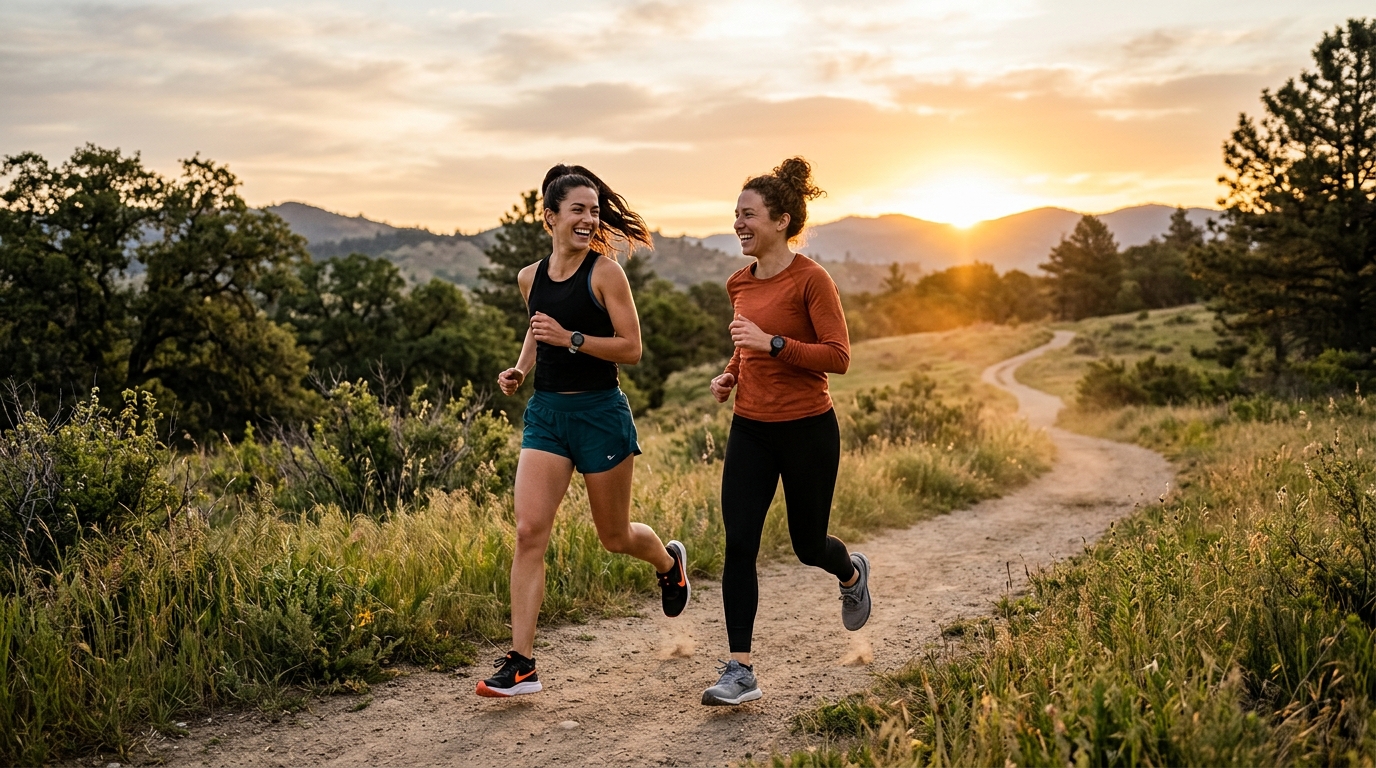 Two friends running outdoors at sunrise during a 75 Hard challenge