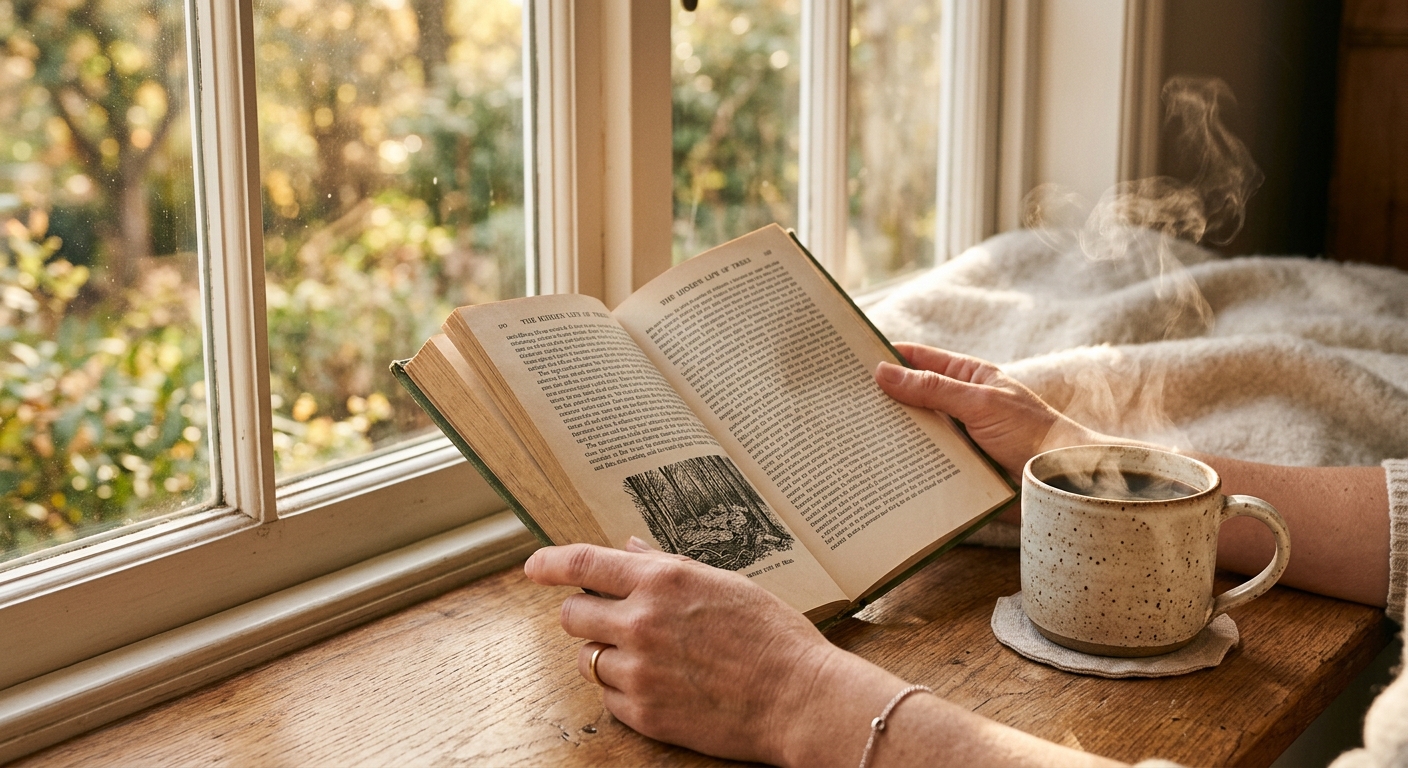 Hands holding a non-fiction book while reading 10 pages a day