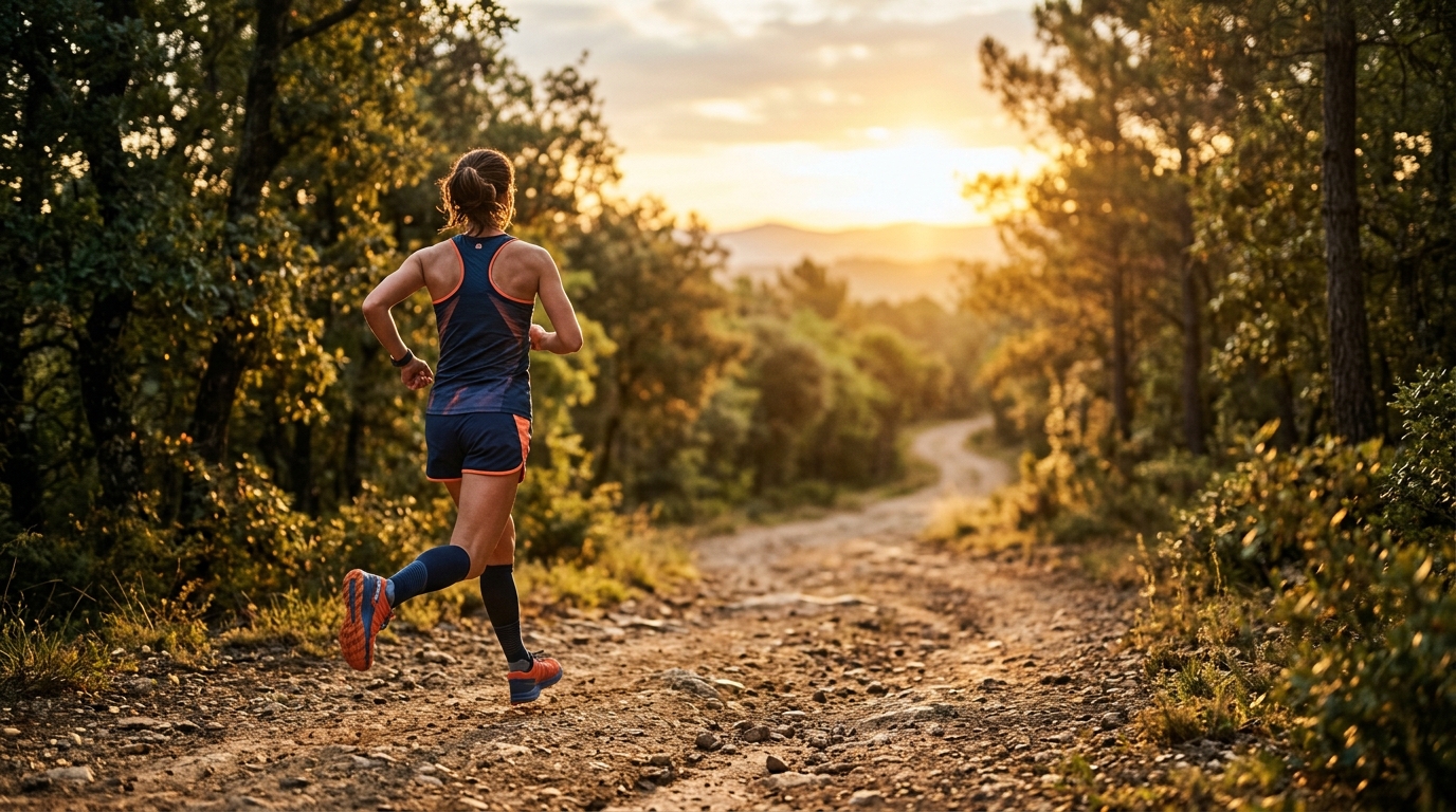 A runner on an outdoor trail at sunrise, mid-workout during the 75 Hard challenge