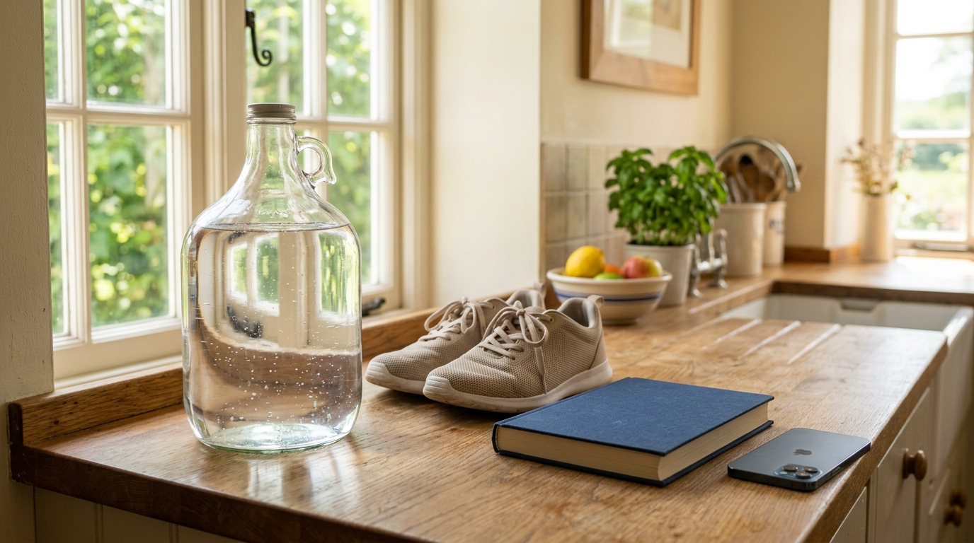 A gallon water jug on a sunlit kitchen counter next to running shoes and a book