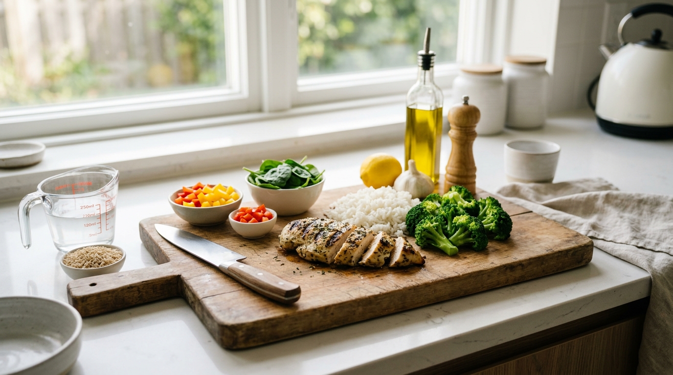 A simple, balanced meal being prepared in a home kitchen for the 75 Hard challenge